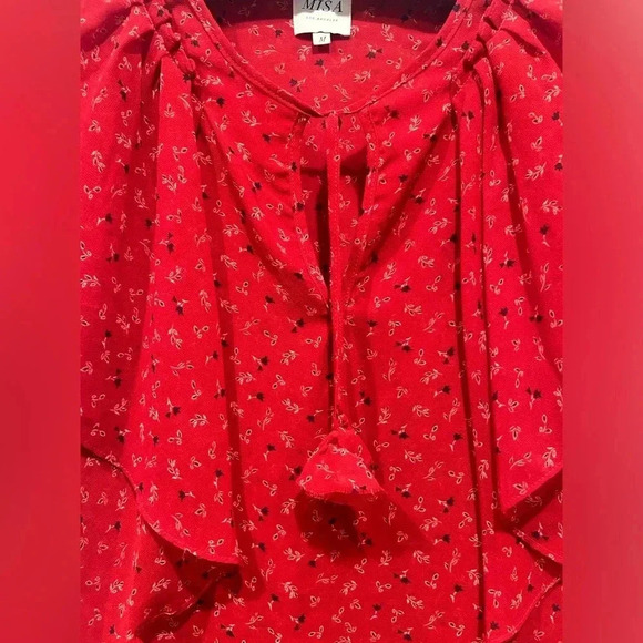 MISA LOS ANGELES Red Floral Flutter Sleeve Tie Neck Blouse / Size Medium / - Picture 4 of 9